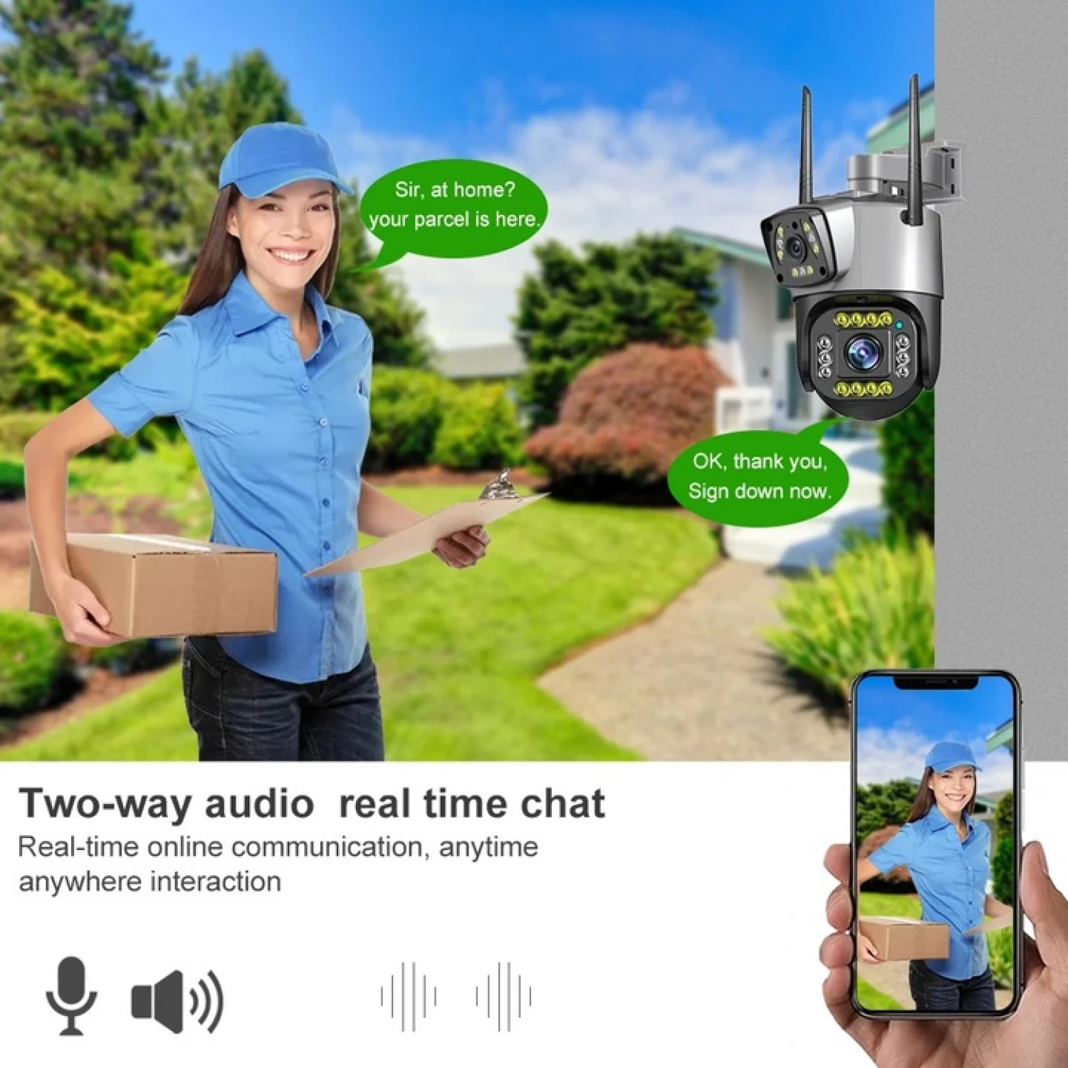 Camera supraveghere dubla, wireless, 2 lentile comunicare bidirectionala, cu aplicatie pentru Android, IOS si PC, gri/negru [6]