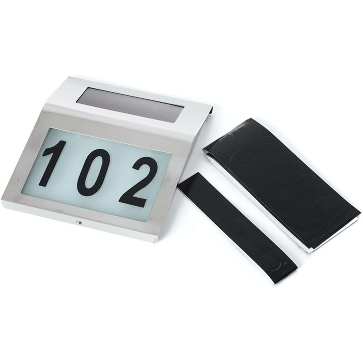 Lampa LED De Exterior cu Numar Casa, Inox, Incarcare Solara, Cu Baterie Reincarcabila Inclusa, Pornire Oprire Automata, 3 x Numere 0-9,1 x Litere Mici a-h, 19x18.5x5 cm [14]