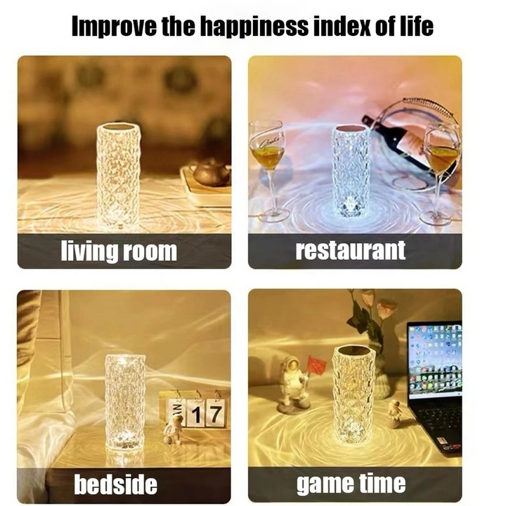Lampa Luminoasa led Efect Cristal, 3 Lumini Albe, 16 Lumini RGB, Telecomanda Inclusa, Control Tactil, Reincarcabila pentru Dormitor, Birou, Bucatarie, Camping [7]