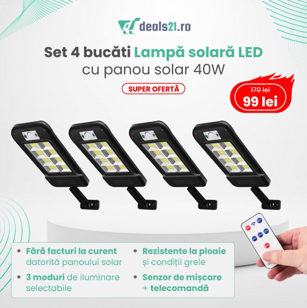 set 4 x Lampa solara LED, 40W, cu panou solar, 160 LED COB, senzor de miscare, 3 moduri de iluminare, telecomanda [1]