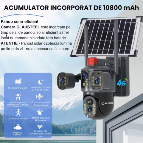 Cameră Supraveghere 2in1 cu Panou Solar, Conexiune SIM 4G, Vedere Tripla cu 2 Lentile, 6MP Ultra HD, Zoom 10X, Rotire Automată 355°/90°, Urmărire Inteligentă, Night Vision Color [4]