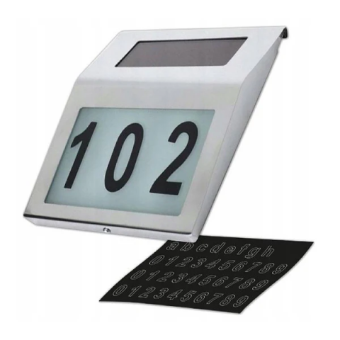 Lampi led si proiectoare solare - Lampa LED De Exterior cu Numar Casa, Inox, Incarcare Solara, Cu Baterie Reincarcabila Inclusa, Pornire Oprire Automata, 3 x Numere 0-9,1 x Litere Mici a-h, 19x18.5x5 cm