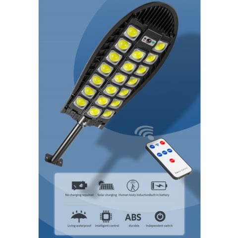Lampi led si proiectoare solare - Lampa solara stradala 3000W  cu 20 LED COB, senzor de miscare si telecomanda, protectie IP65, negru,W7102A-7