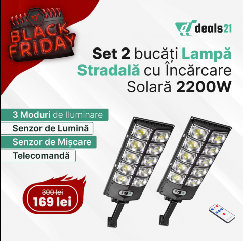 Lampi led si proiectoare solare - Set 2 X Lampa Stradala cu Incarcare Solara 2200W, 3 Moduri de iluminare, Senzor de Lumina si Senzor de Miscare, Telecomanda Inclusa, Negru, W789A-5