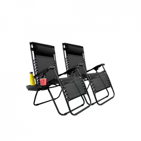 Articole Curte si Gradina - Set 2x Scaune Tip Sezlong Pliabil Gravitatie Zero Pentru Terasa, Gradina Sau Plaja , Tetiera, Suport Bauturi, Reglabil, Negru engross