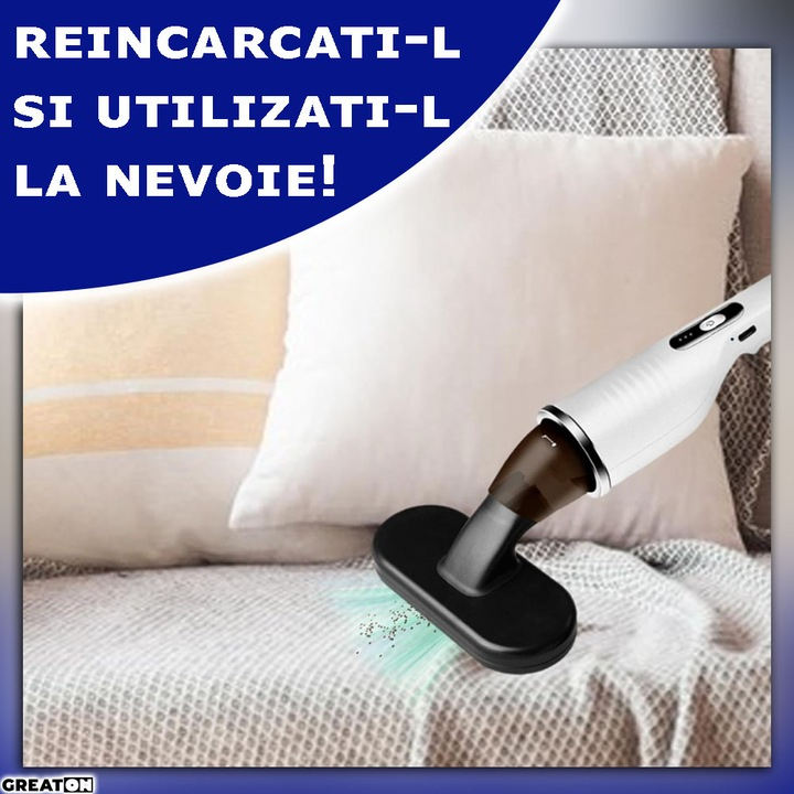 Aspirator Auto Reîncărcabil 80W, Acumulator 2000 mAh, Filtru HEPA Lavabil, Dimensiuni 41x9,5x19,5 cm, Design Portabil pentru Curățenie Rapidă și Eficientă, Alb/Negru [5]