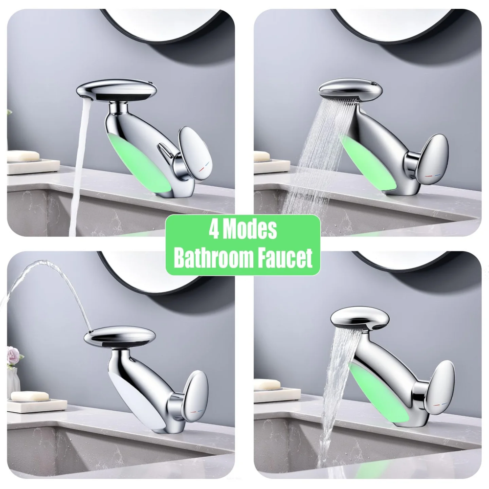 Baterie Chiuvetă Baie cu LED Inteligent, 4 Moduri de Jet, Cap Retractabil Extensibil 58 cm, Iluminare Automată în 6 Culori fără Baterii, Design Modern și Funcțional, Culoare Argintiu [8]