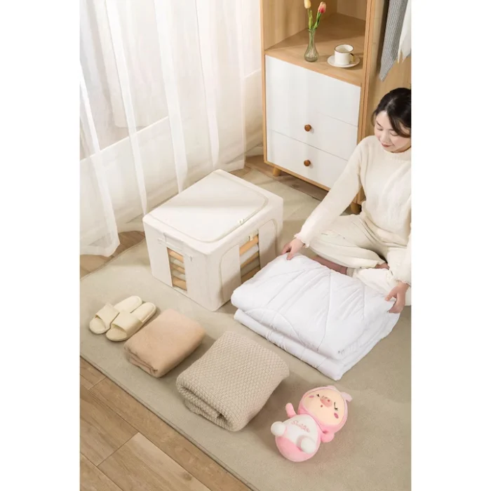 Cutie de Depozitare Pliabilă cu Fereastră și Fermoar Dublu, 66 L, Textil Premium Impermeabil, Cadru Metalic, 50×40×33 cm, Bej [11]