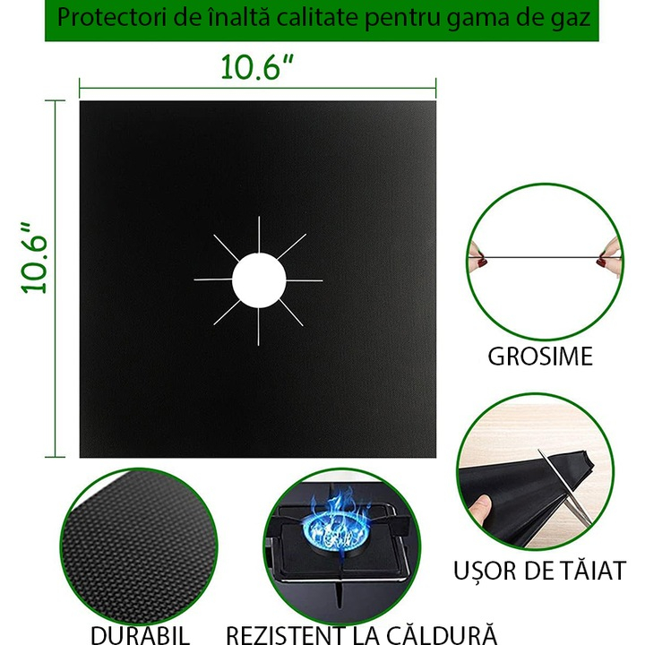 Set 4 Folii Teflon Reutilizabilă 27x27 cm pentru Aragaz sau Plită, Rezistentă Termic -60°C până la 260°C, Negru, Grosime 0.3 mm [11]