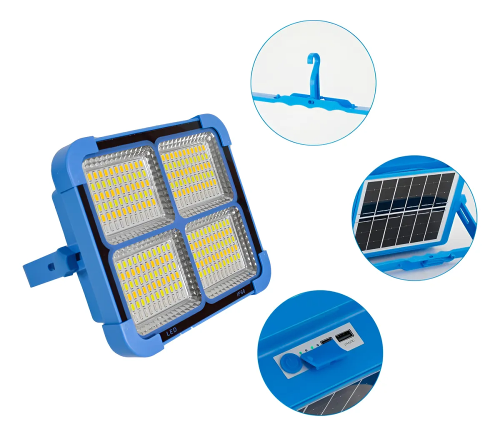 Lampă Solară Portabilă pentru Camping și Pescuit, 288 LED, Putere 100W, Moduri de Lumină Neutră, Caldă, Rece și Roșu/Albastru, Funcție Power Bank, Design Compact și Multifuncțional [2]