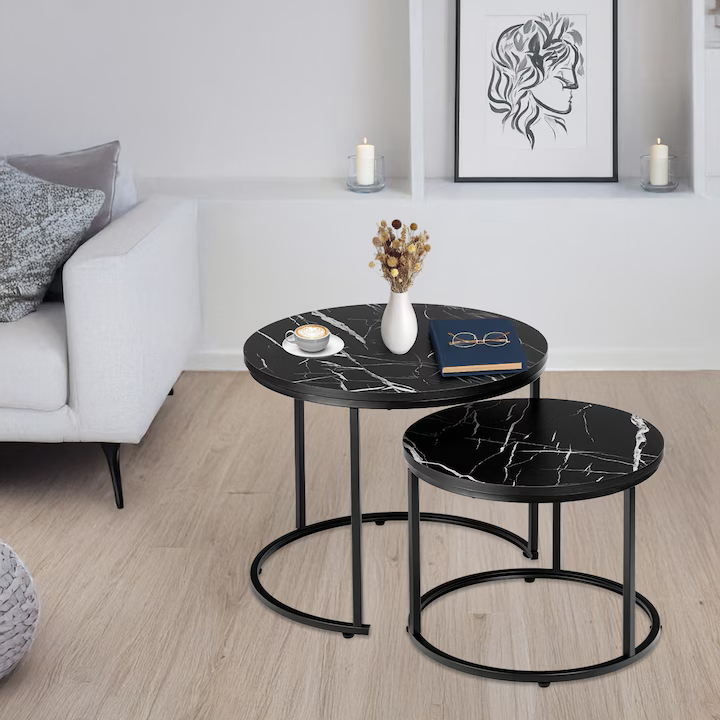 Măsuță Cafea 2-în-1, Blat Aspect Marmură Neagră, Cadru din Oțel Negru Mat, Dimensiuni 53x43 cm, Suportă până la 30 kg, Mese Suprapuse cu Design Modern și Compact [4]