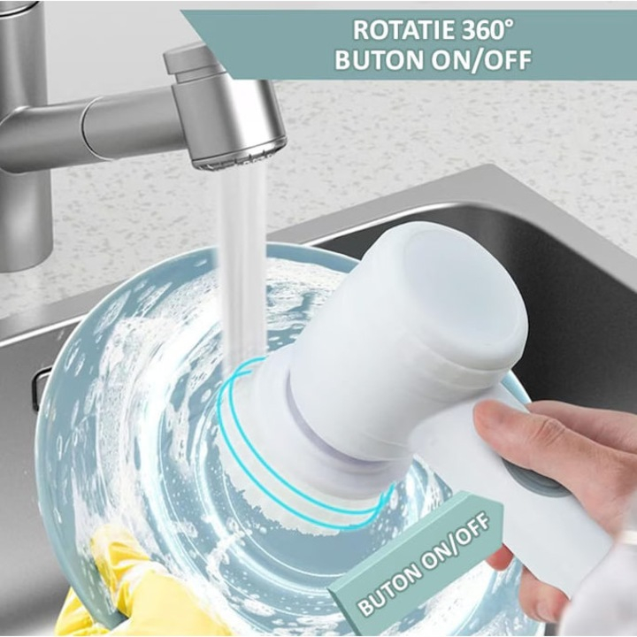 Perie Electrică de Curățare Multifuncțională, 3 Capete Rotative, Reîncărcabilă USB, Construcție din ABS Durabil, Design Compact și Portabil, Set Accesorii Inclus, Culoare Alb [6]