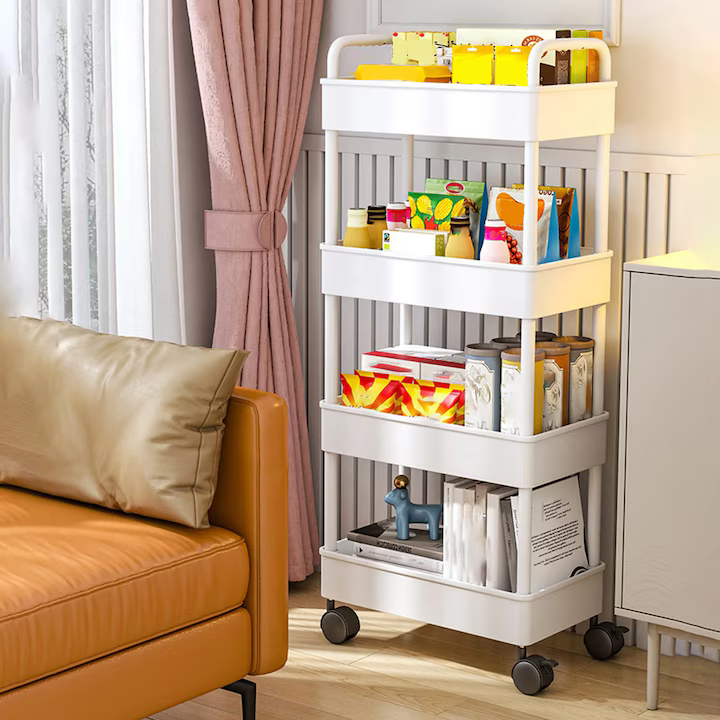 Raft Depozitare 4 Niveluri cu Roți, Cărucior Rulant 107x41x21 cm, Organizator Plastic pentru Bucătărie, Baie sau Birou, Alb [2]