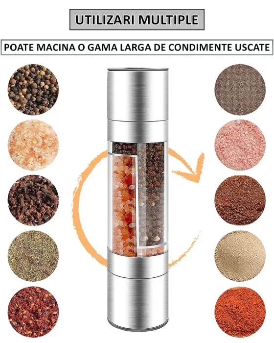 Râșniță manuală 2 în 1 sare/piper, reglaj granulație, mecanism ceramic, compartimente transparente, inox, argintiu [9]