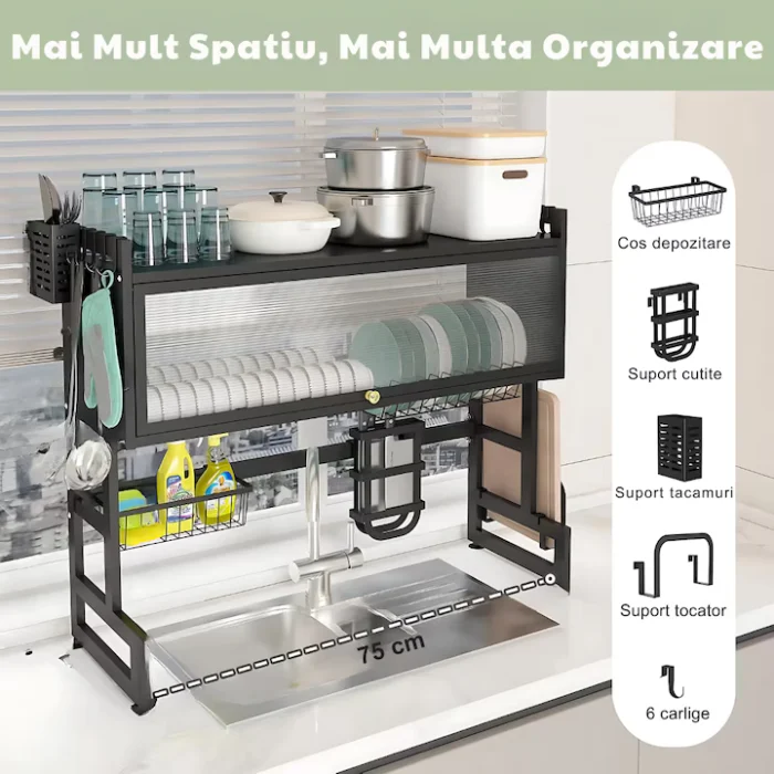 Scurgător Vase din Oțel Inoxidabil, 75 cm Lungime, Structură Rezistentă la Coroziune, Organizare Eficientă, Culoare Negru [4]