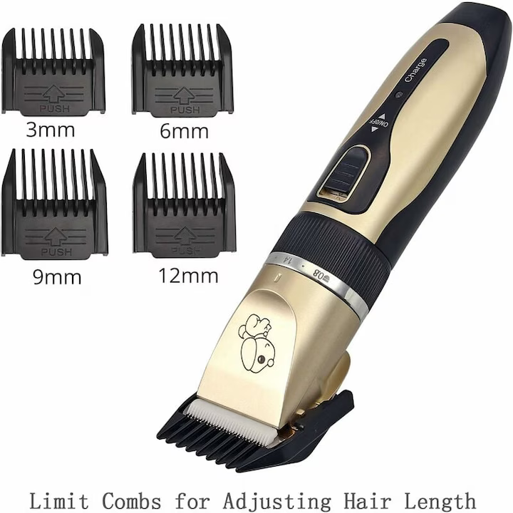 Set mașină tuns animale 12 piese, 9W, fără fir, lame din ceramică și titan, 4 piepteni 3–12 mm, autonomie 90 min, auriu/negru [3]