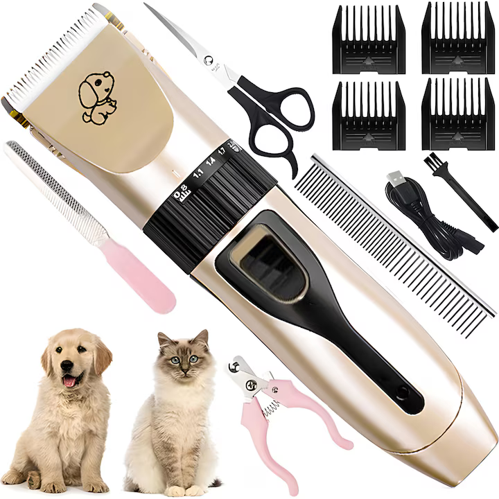 Set mașină tuns animale 12 piese, 9W, fără fir, lame din ceramică și titan, 4 piepteni 3–12 mm, autonomie 90 min, auriu/negru [2]