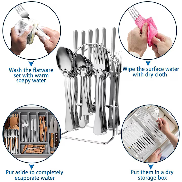 Set Tacâmuri 24 Piese din Inox, Cuțite, Linguri, Furculițe și Lingurițe, Design Elegant cu Finisaj Lucios, Rezistente și Ușor de Întreținut, Culoare Argintiu [2]