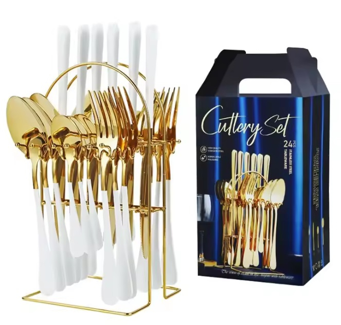 Set Tacâmuri 24 Piese pentru 6 Persoane, Oțel Inoxidabil Auriu/Alb, Cuțite Zimțate, Furculițe și Linguri, Design Subțire și Elegant cu Finisaj Luxos [4]