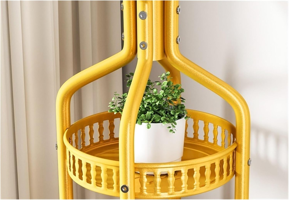 Suport Haine Metalic Independent, Cuier Industrial cu 2 Niveluri de Rafturi și Cârlige, Dimensiuni 34x189 cm, Structură Stabilă pentru Depozitare în Hol, Design Elegant Auriu [3]