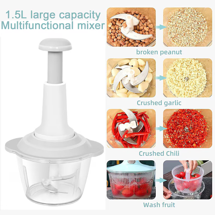 Tocător Manual pentru Legume și Fructe, Capacitate 1,5L, 3 Lame din Inox, Sistem Operare Push, Versatil pentru Salate, Pesto și Hummus, Design Compact Culoare Alb [2]