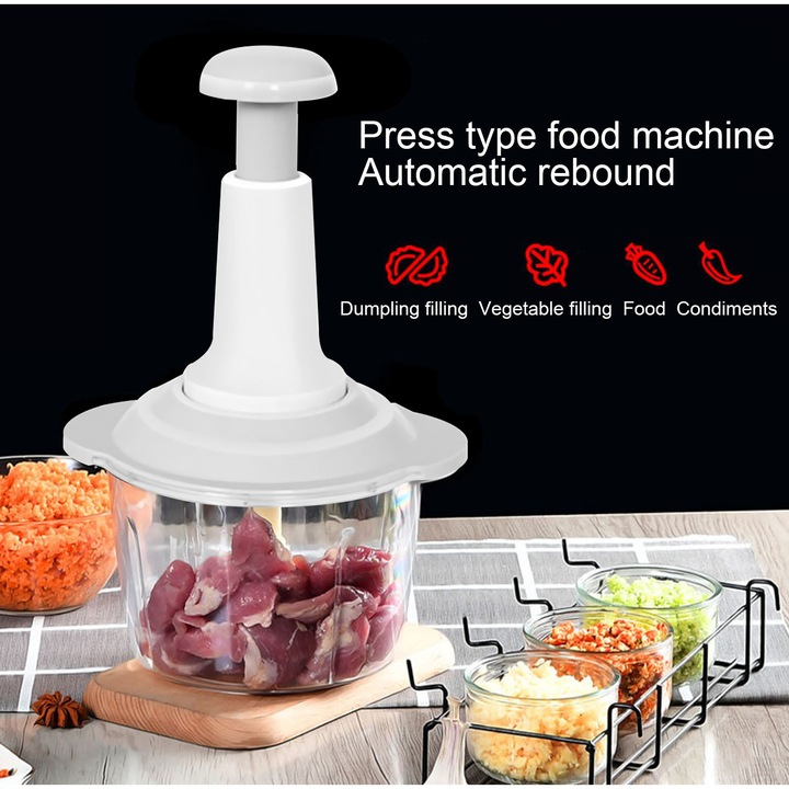 Tocător Manual pentru Legume și Fructe, Capacitate 1,5L, 3 Lame din Inox, Sistem Operare Push, Versatil pentru Salate, Pesto și Hummus, Design Compact Culoare Alb [4]