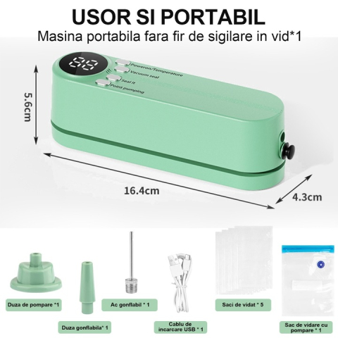 Aparat de Vidat Portabil 36V, Alimentare USB, Display Digital LED, Funcții de Sigilare Automată, Vidare și Conservare, Construcție din ABS Durabil, Design Compact și Ușor de Depozitat [8]
