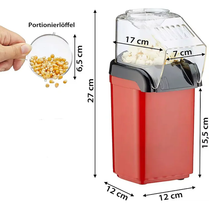 Aparat popcorn 1200W, preparare în 3 minute cu tehnologie aer cald, fără ulei, pahar de măsurare detașabil, roșu [5]