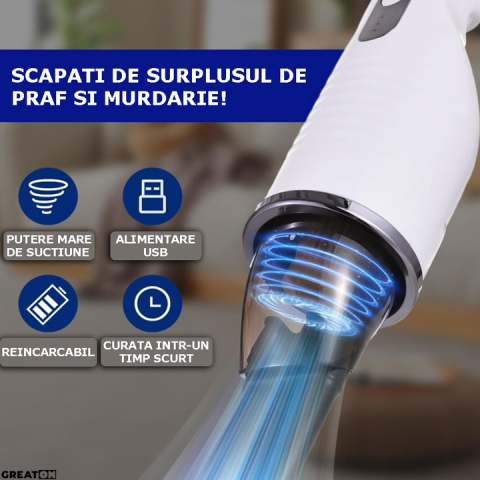 Aspirator Auto Reîncărcabil 80W, Acumulator 2000 mAh, Filtru HEPA Lavabil, Dimensiuni 41x9,5x19,5 cm, Design Portabil pentru Curățenie Rapidă și Eficientă, Alb/Negru [5]