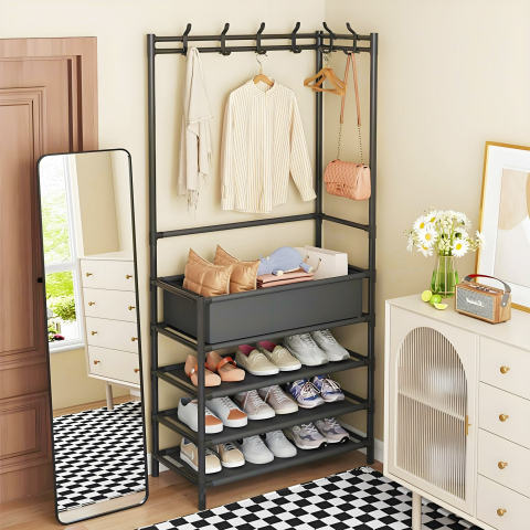 Rafturi, Organizatoare si Suporturi - Cuier Metalic cu 4 Polițe, 60x28x154 cm, Structură din Oțel Rezistent, Spațiu pentru Haine și Încălțăminte, Negru