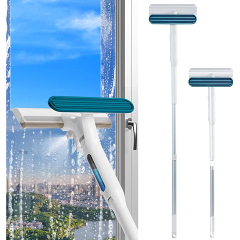 Casa si Bucatarie - Curățător Geamuri cu Funcție de Pulverizare, Mâner Telescopic Reglabil, Racletă din Silicon, Braț Mobil 45°, Design Ergonomic pentru Curățare Eficientă, Culoare Gri