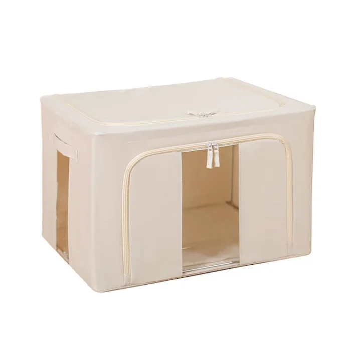 Rafturi, Organizatoare si Suporturi - Cutie de Depozitare Pliabilă cu Fereastră și Fermoar Dublu, 66 L, Textil Premium Impermeabil, Cadru Metalic, 50×40×33 cm, Bej