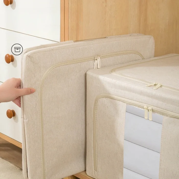 Cutie de Depozitare Pliabilă cu Fereastră și Fermoar Dublu, 66 L, Textil Premium Impermeabil, Cadru Metalic, 50×40×33 cm, Bej [7]