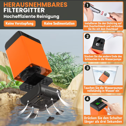 Duș portabil camping 7800 mAh, autonomie 180–200 min, display temperatură, încărcare USB [1]