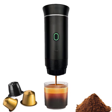 Casa si Bucatarie - Espressor Portabil 60 ml, 72W, 12V, cu Mod Încălzire Apă, Compatibil Capsule Nespresso, Dolce Gusto, Cafea Măcinată și Ciocolată Caldă, Carcasă din Plastic și Inox, Design Compact pentru Călătorii