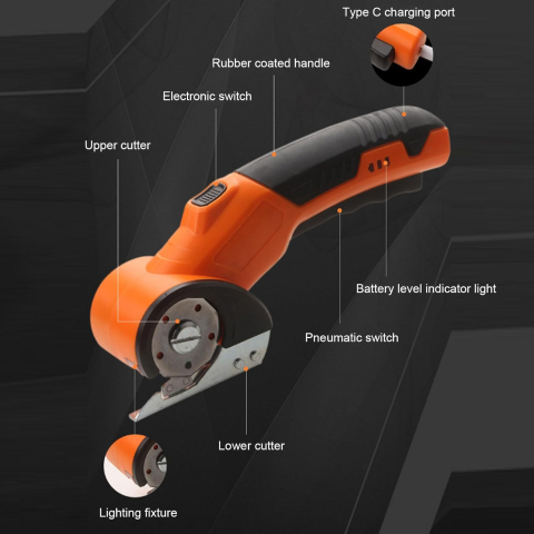 Foarfecă Electrică Reîncărcabilă fără Fir, Tăietor Rotativ de Precizie, pentru Țesături, Piele și Carton, Tăiere Rapidă și Eficientă, Design Compact Ergonomic, Culoare Portocaliu [2]