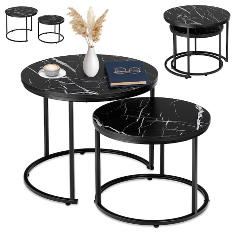 Casa si Bucatarie - Măsuță Cafea 2-în-1, Blat Aspect Marmură Neagră, Cadru din Oțel Negru Mat, Dimensiuni 53x43 cm, Suportă până la 30 kg, Mese Suprapuse cu Design Modern și Compact