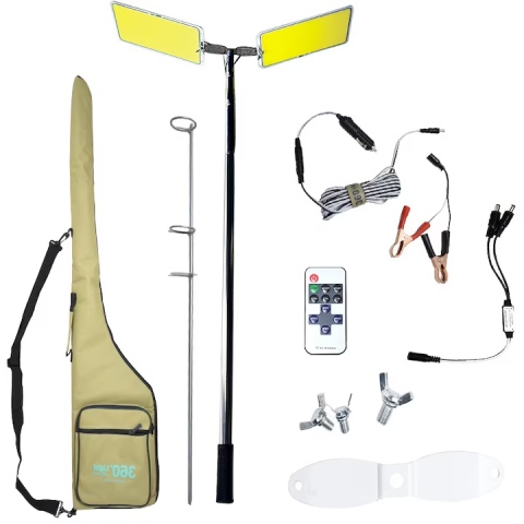 Lampi solare si lanterne led - Proiector Camping LED 94W, 9116 lm, braț telescopic reglabil 5 m, 3 adaptoare 220V/Auto/Cleme, telecomandă inclusă, waterproof