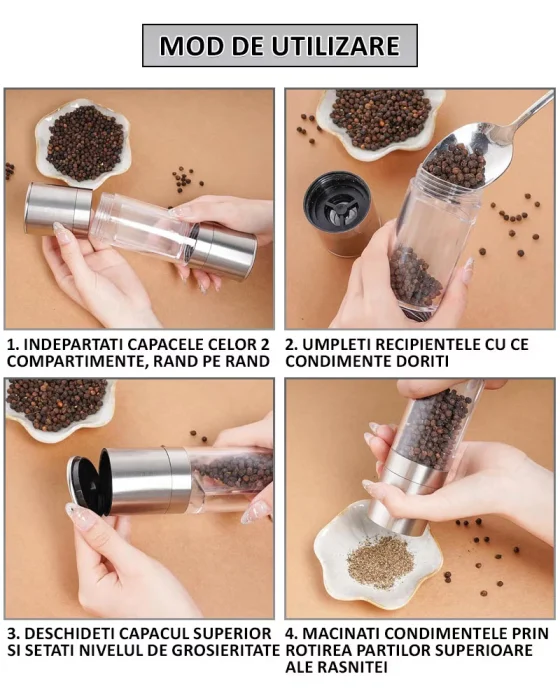 Râșniță manuală 2 în 1 sare/piper, reglaj granulație, mecanism ceramic, compartimente transparente, inox, argintiu [9]
