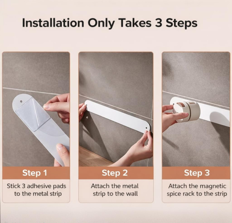 Set 6 recipiente condimente cu montare pe perete, prindere magnetică, material ABS, design minimalist modern, alb [3]