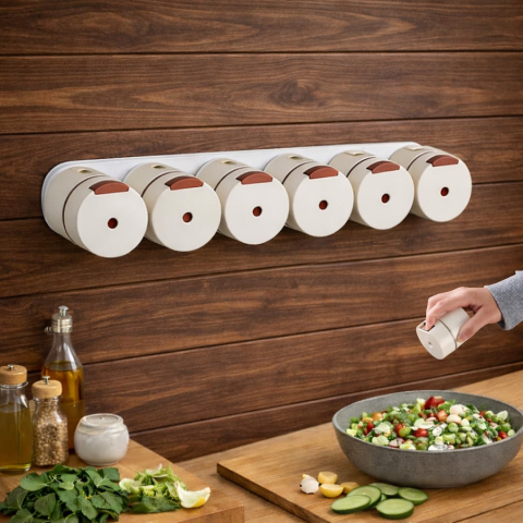 Casa si Bucatarie - Set 6 recipiente condimente cu montare pe perete, prindere magnetică, material ABS, design minimalist modern, alb