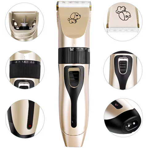 Set mașină tuns animale 12 piese, 9W, fără fir, lame din ceramică și titan, 4 piepteni 3–12 mm, autonomie 90 min, auriu/negru [6]