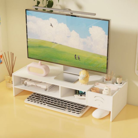 Rafturi, Organizatoare si Suporturi - Suport Laptop și Monitor Alb, Dimensiuni 10x20x49 cm, Organizator cu Spațiu de Depozitare Integrat, Design Ergonomic pentru Birou Modern