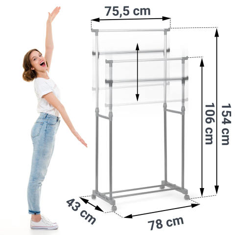 Suport Mobil pentru Haine cu Roți, Înălțime Reglabilă, Spațiu pentru Încălțăminte, Dimensiuni 154x43x78 cm, Structură Ușoară și Stabilă, Design Modern Negru/Argintiu [1]