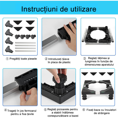 Suport Universal Ajustabil pentru Frigider și Electrocasnice, Capacitate până la 180 kg, Structură Rezistentă și Stabilă, Reglabil pentru Dimensiuni Variabile, Culoare Neagră [3]
