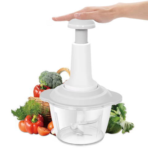 Casa si Bucatarie - Tocător Manual pentru Legume și Fructe, Capacitate 1,5L, 3 Lame din Inox, Sistem Operare Push, Versatil pentru Salate, Pesto și Hummus, Design Compact Culoare Alb