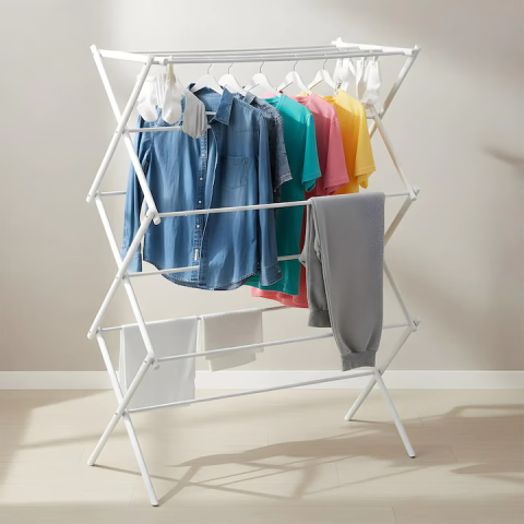 Casa si Bucatarie - Uscător vertical pliabil tip acordeon, 37x75x106 cm, structură din oțel carbon, capacitate susținere 14.5 kg, design compact, alb