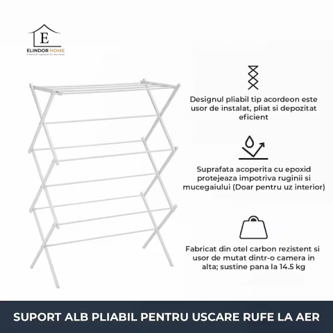 Uscător vertical pliabil tip acordeon, 37x75x106 cm, structură din oțel carbon, capacitate susținere 14.5 kg, design compact, alb [5]