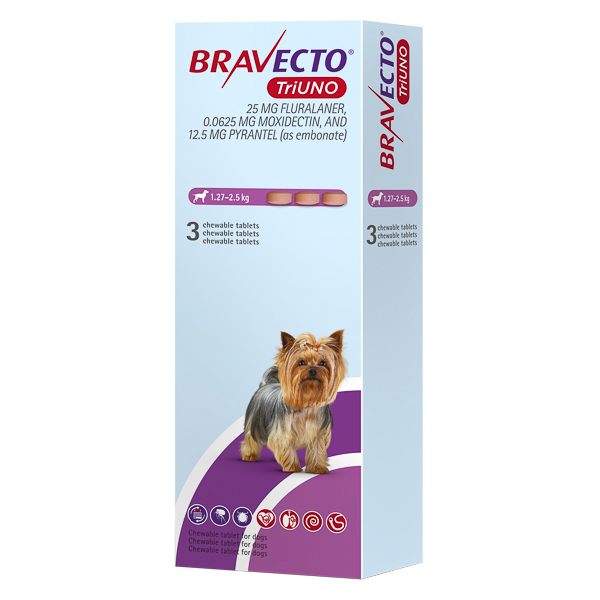 Bravecto TriUNO 25 mg câini 1,27–2,5 kg – antiparazitar intern și extern [2]