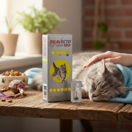 Pipetă - Bravecto Plus Spot-on Cat 112.5 mg (1.2-2.8 kg) - deparazitare externa si interna pentru pisici